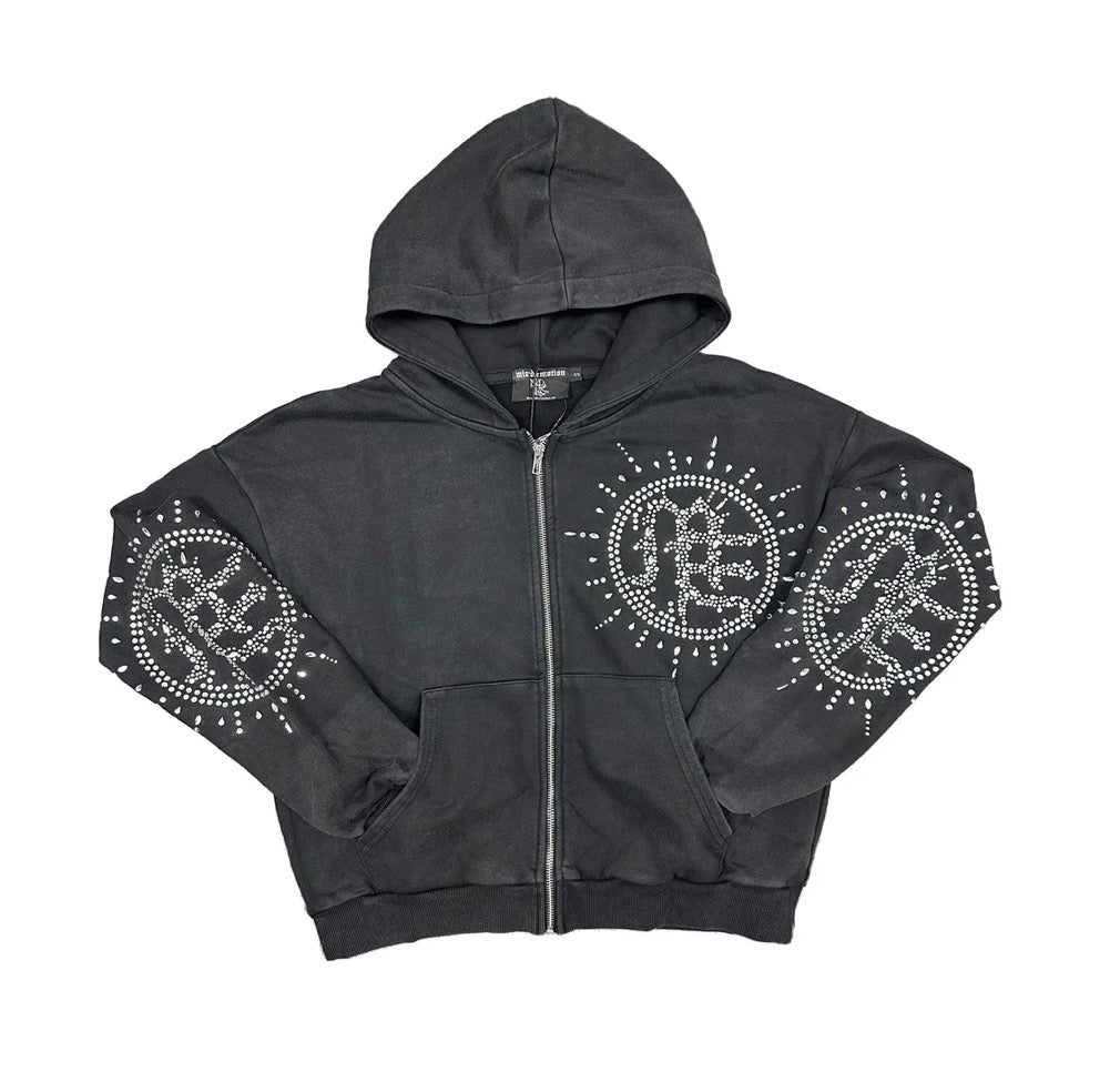 Mixed Emotions Eclipse Grey Acid Wash Rhinestone Hoodie