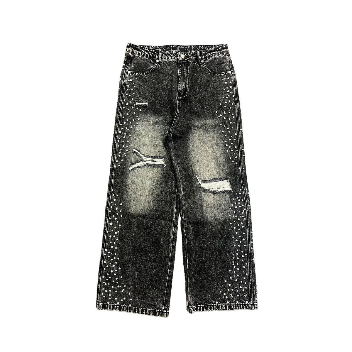 Mixed Emotions Baggy Rhinestone Jeans Grey Wash