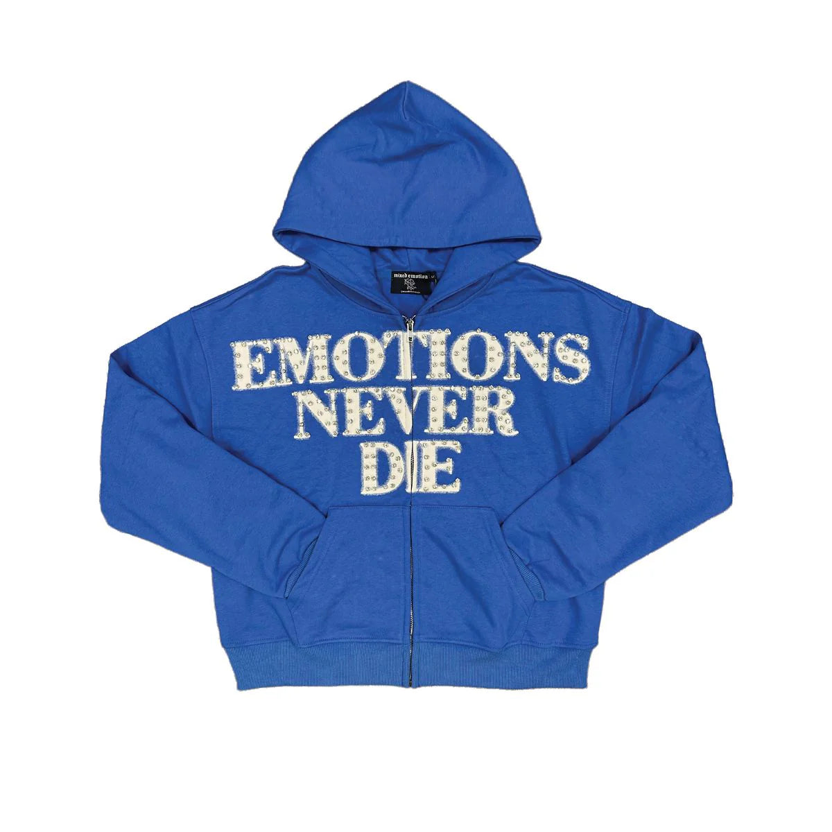 Mixed Emotions Emotions Never Die Rhinestone Blue Zip Up Hoodie