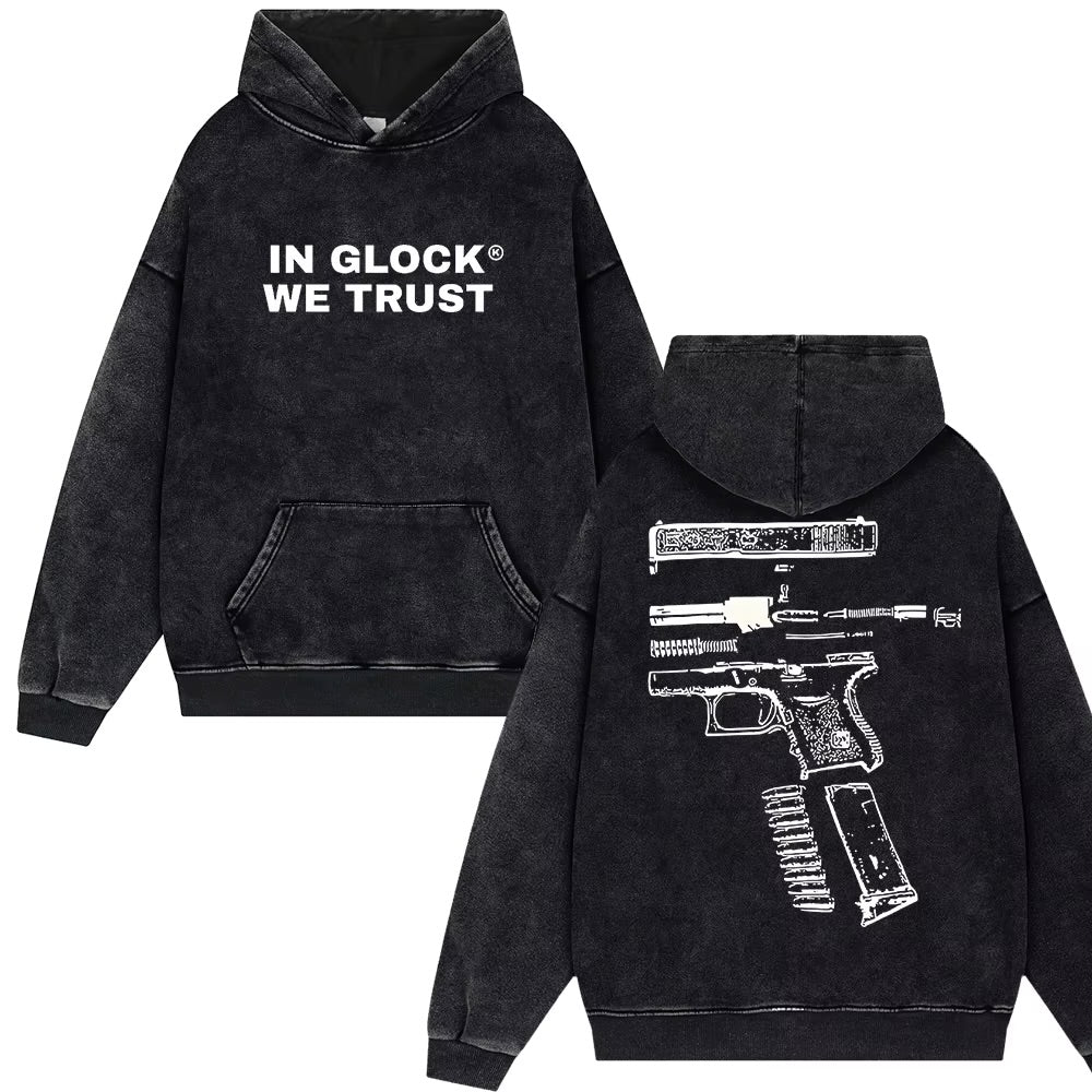 In Glock We Trust Washed Black Hoodie