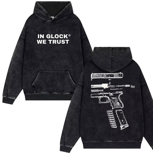 In Glock We Trust Washed Black Hoodie