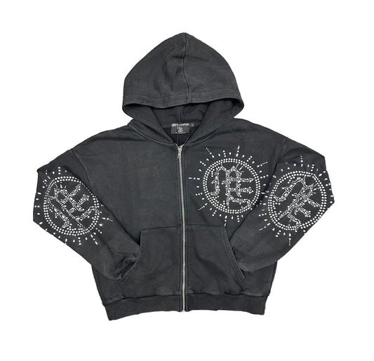 Mixed Emotions Eclipse Grey Acid Wash Rhinestone Hoodie