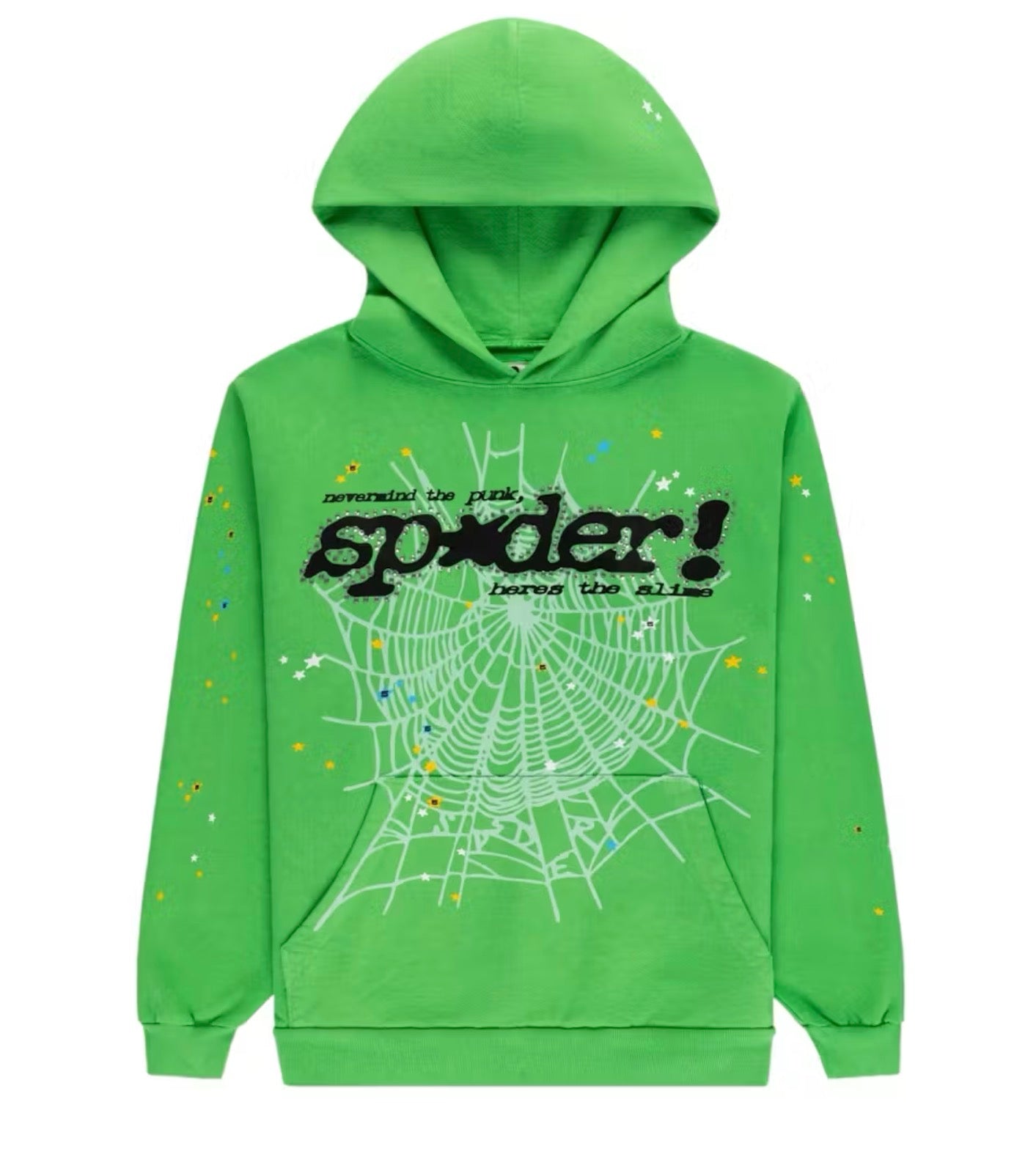 Sp5der Slime Green Rhinestone Punk V2 Hoodie