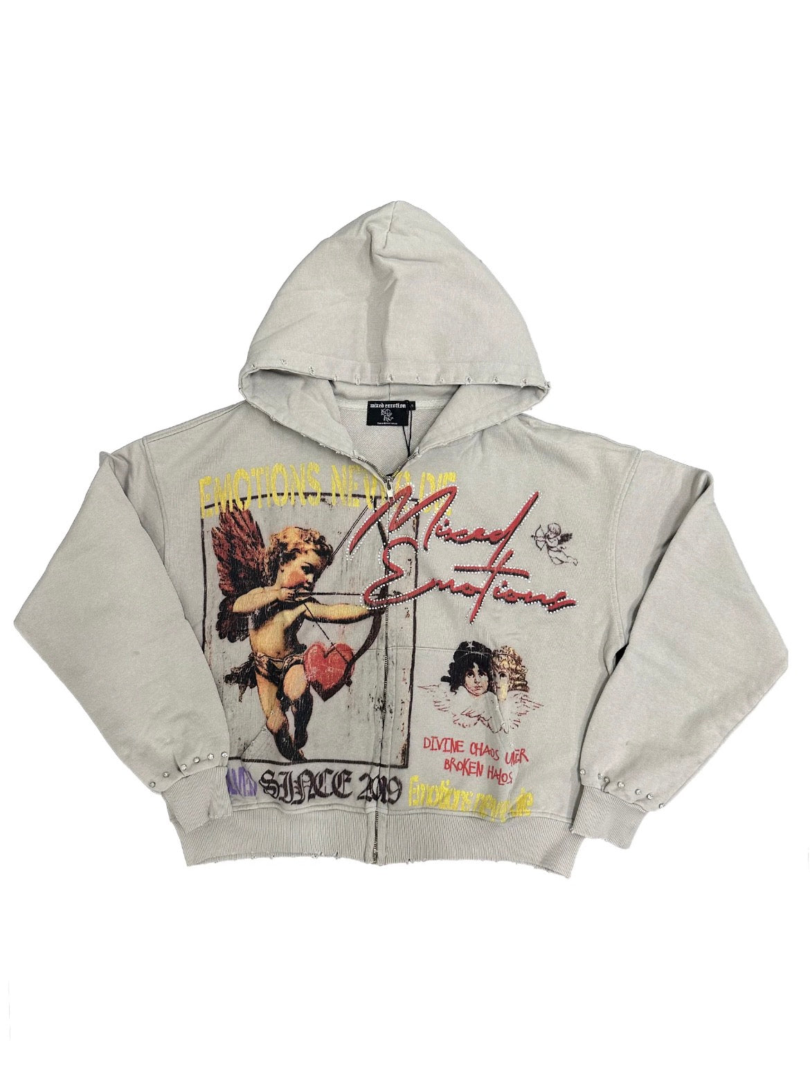 Mixed Emotions Broken Halo Rhinestone Zip Up Hoodie