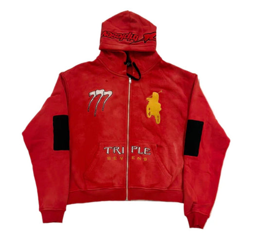 Triple 7’s Moto Complex Zip Up Hoodie Red