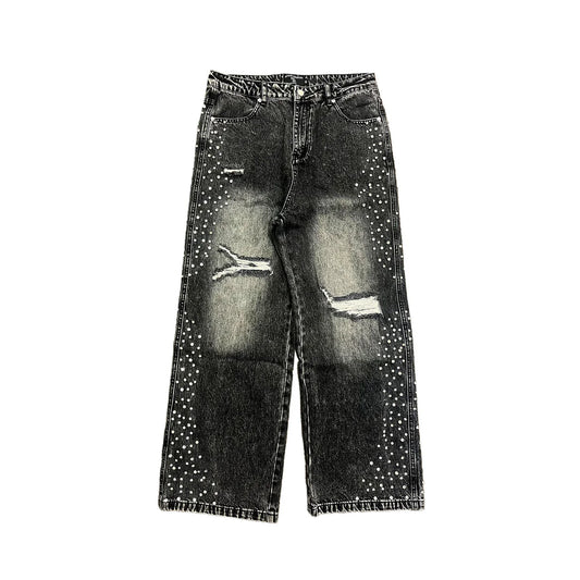 Mixed Emotions Baggy Rhinestone Jeans Grey Wash