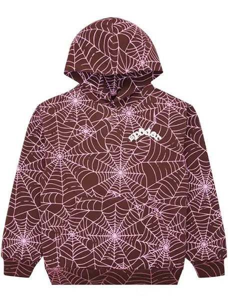 Sp5der Pink Web All Over Print Hoodie Brown